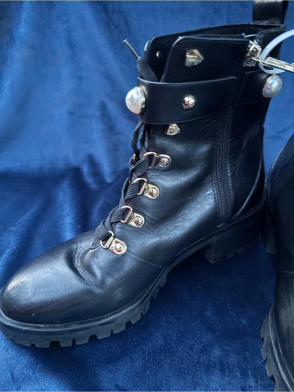 Karl Lagerfeld Black Pearl-Stud Lace-Up Lug Boots size 7 - Picture 12 of 15